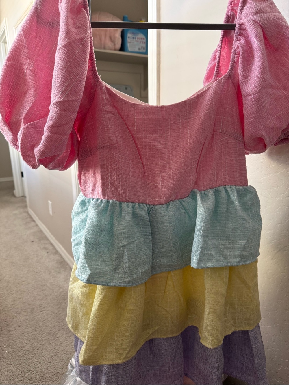Just Me Colorblock Tiered Puff-Sleeve Dress - Pink, Blue, Yellow, Purple Medium